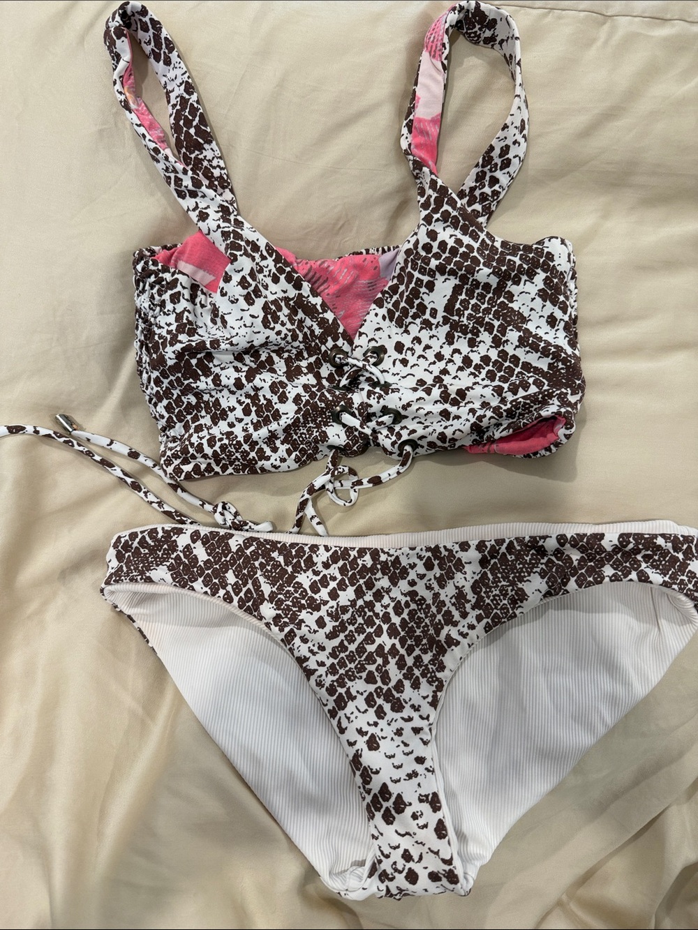 Brown & White Snake Print Bikini Top and Bottom reversible